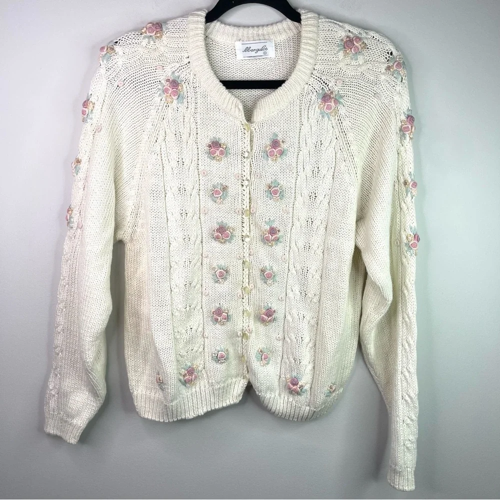 Vintage Margules Cottagecore Cream Cardigan with Floral Accents Size Large - Picture 2 of 10
